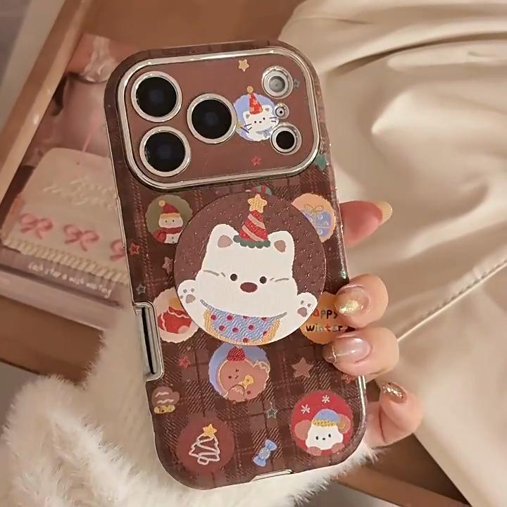 Capa de telefone com suporte de cachorro de desenho animado de Natal adequada para iPhone 16, iPhone 17, iPhone 17 Pro Max