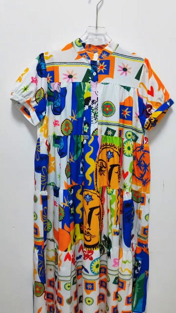 Xitao Geometric Printing Dress Stand Collar Casual Shirt Dress DMJ4072