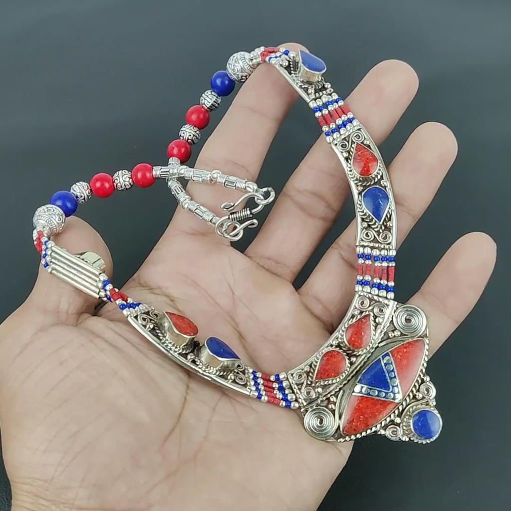 Lapis Lazuli, Coral 925 Sterling Silver Necklace Tibetan Silver Necklace Bohemian Antique Necklace Handmade Jewelry Nepali Necklace Gift For Wife