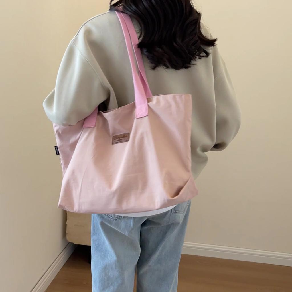 Solid Color Tote Bag Women's Large Capacity Shoulder Bag Student Classes Book Bag
