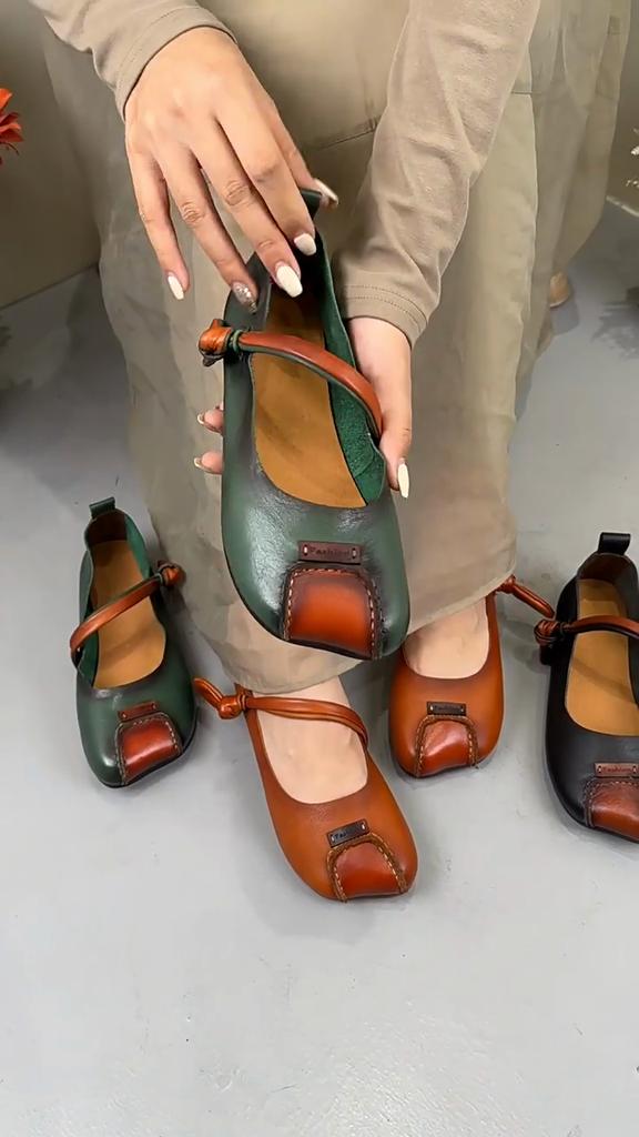 Johnature Genuine Leather Mixed Colors Flats Retro Versatile Shallow Soft Sole Handmade Women Shoes