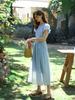 Olrain Blue French Style Waist-Slimming Dress for Women Summer Puff Sleeve Long Dress