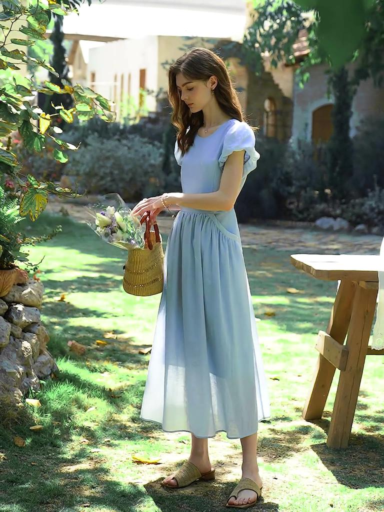 Olrain Blue French Style Waist-Slimming Dress for Women Summer Puff Sleeve Long Dress