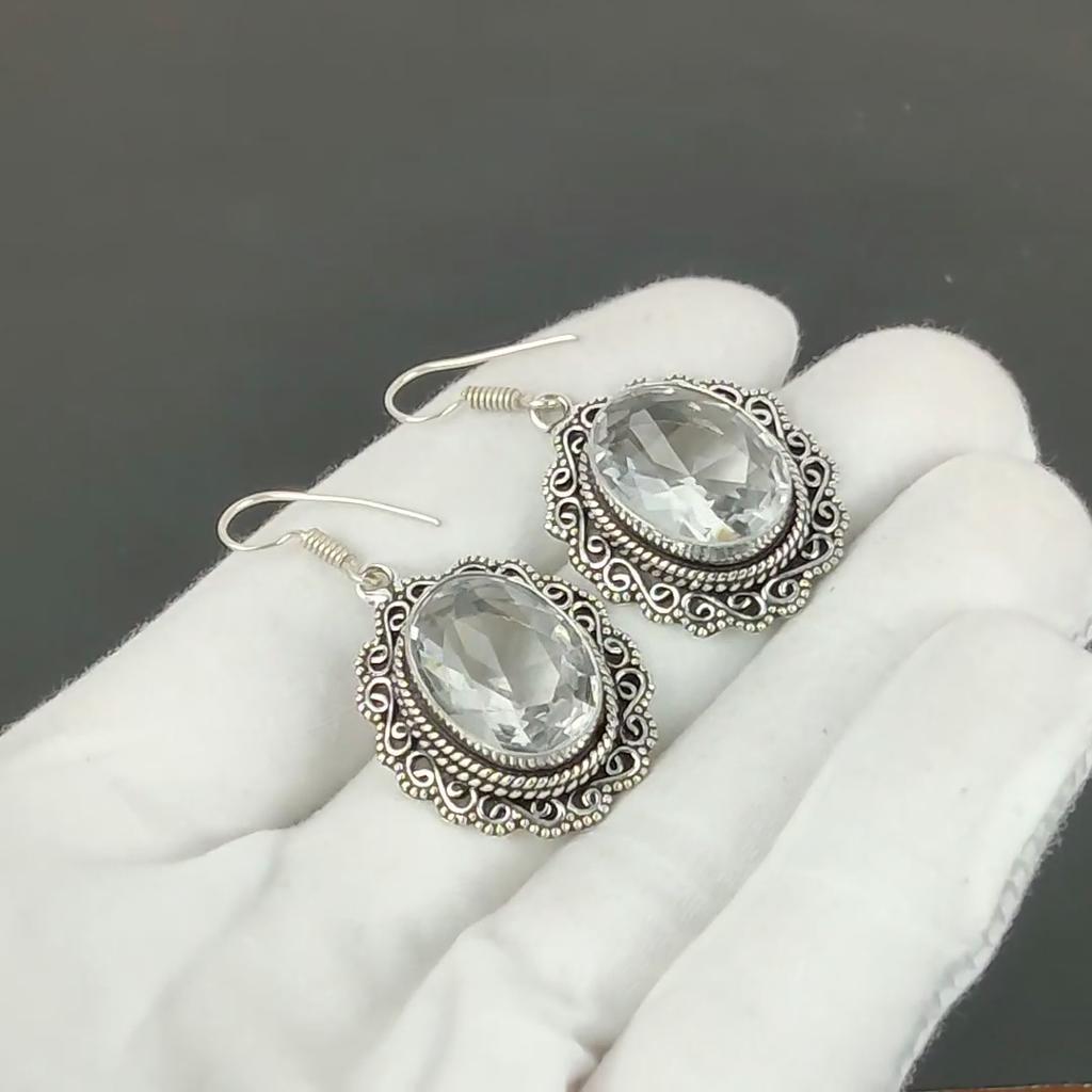 White Topaz Gemstone Earrings, 925 Sterling Silver Earrings, Silver Earrings For Gift, White Topaz Dangle Drop Earrings For Party Wear Gifts