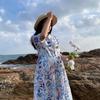 Johnature Women Vintage Bandage Dress Turn-down Collar Half Sleeve Print Floral Summer Button A-Line Dress
