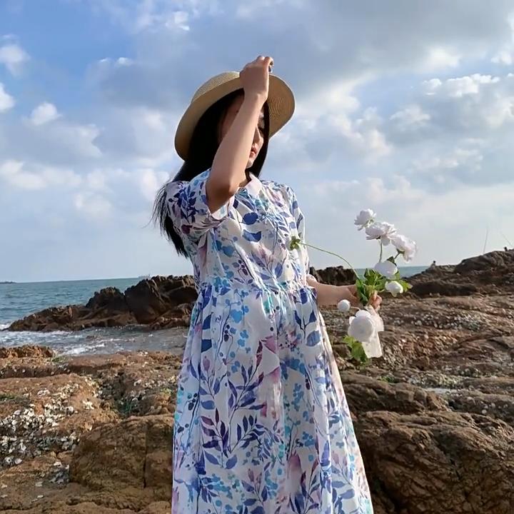 Johnature Women Vintage Bandage Dress Turn-down Collar Half Sleeve Print Floral Summer Button A-Line Dress