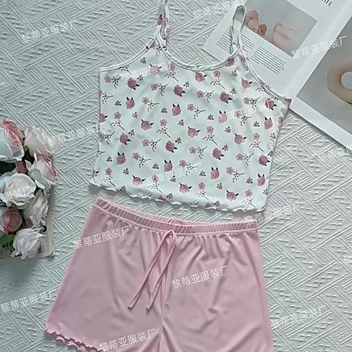European and American Style Women’s Floral Cami Top and Shorts Set Casual Comfortable Loungewear Pajamas for Indoor Wear