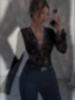 Women's 2025 Fall/Winter New Arrival V-Neck Lace & Mesh Flared Sleeve T-Shirt Top