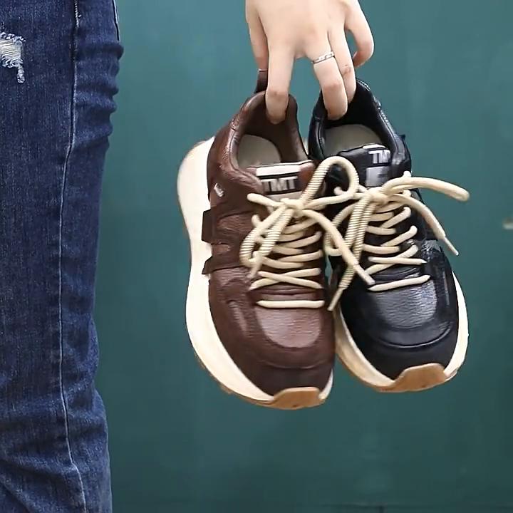 Johnature Genuine Leather Sneakers Versatile Casual Sports Shoes Round Toe Lacd-up Women's Flat Shoes