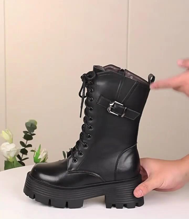 Women Boots Large Size Genuine Leather Thick Wool Warm Winter Military Boots Women British Style Women Snow Boots