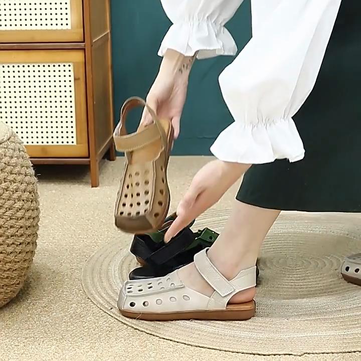 Johnature Breathable Flat Bottomed Comfortable Genuine Leather Sandals Retro Commuting Cowhide Women's Shoes