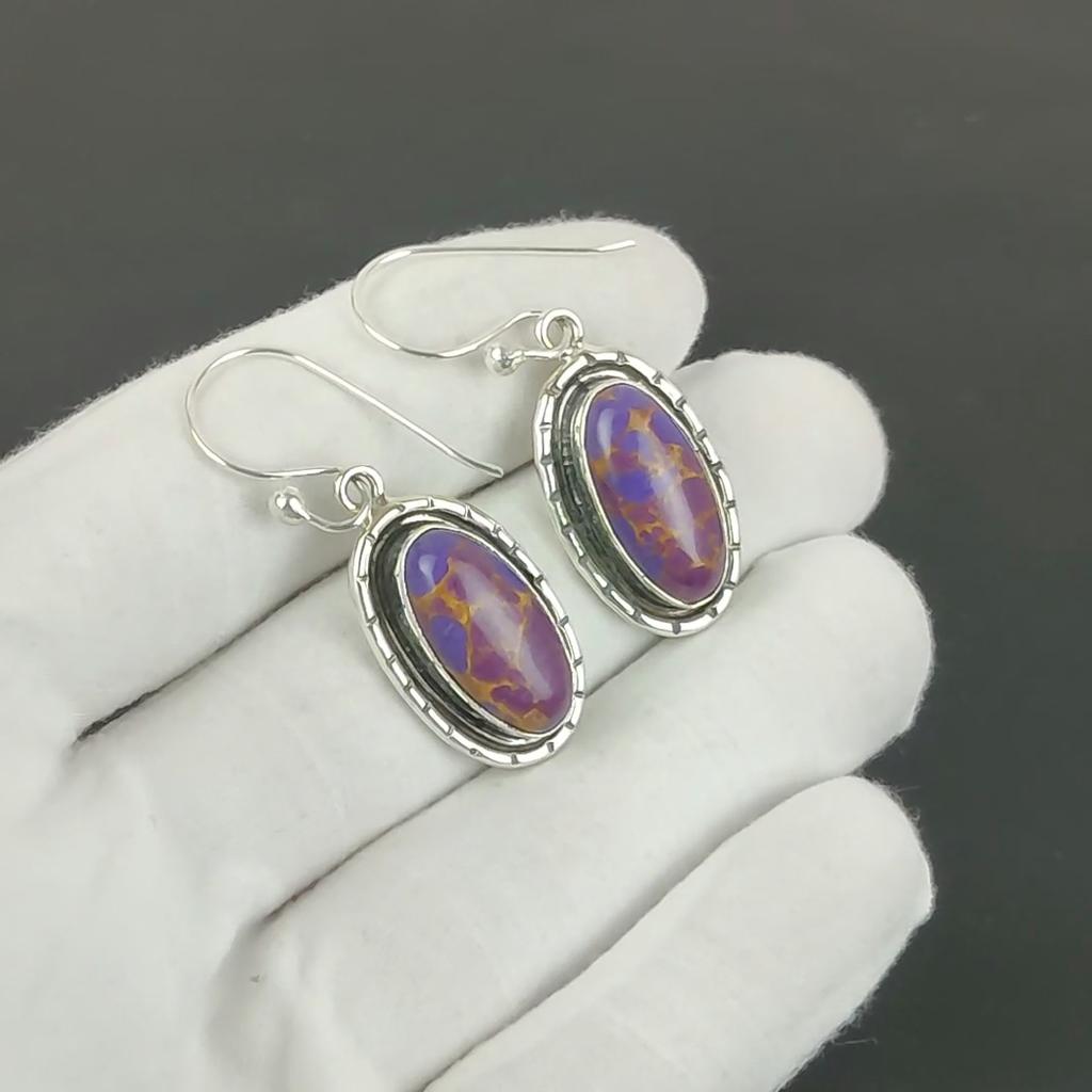 Purple Copper Turquoise Gemstone Earrings, 925 Sterling Silver Earrings, Handmade Silver Earrings For Gift, Turquoise Dangle Earrings Christmas Gift