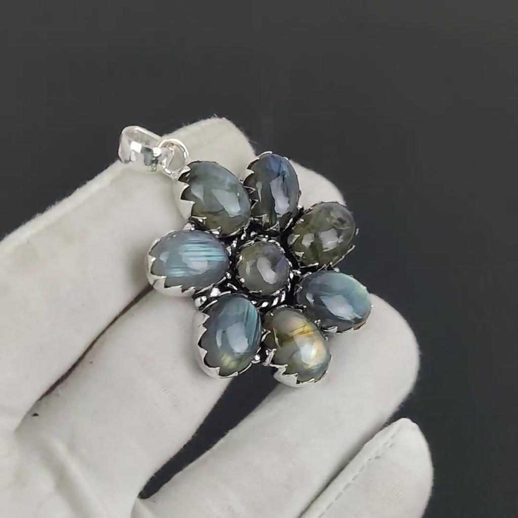 Natural Labradorite Gemstone Silver Flower Pendant in 925 Sterling Silver - Handmade Pear Design, Everyday Wear Jewelry Mother's Day Gift
