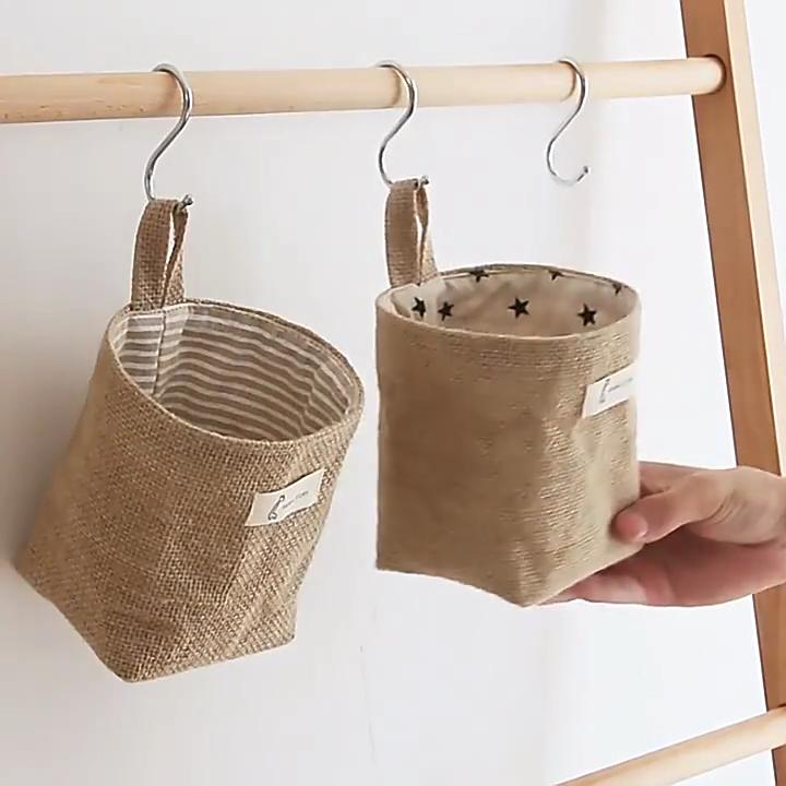 3 PCS Mini Hanging Storage Bag Cotton Linen Small Storage Basket Wall Hanging Storage Pouch Foldable Storage Box Family Organizer Decorative Bag