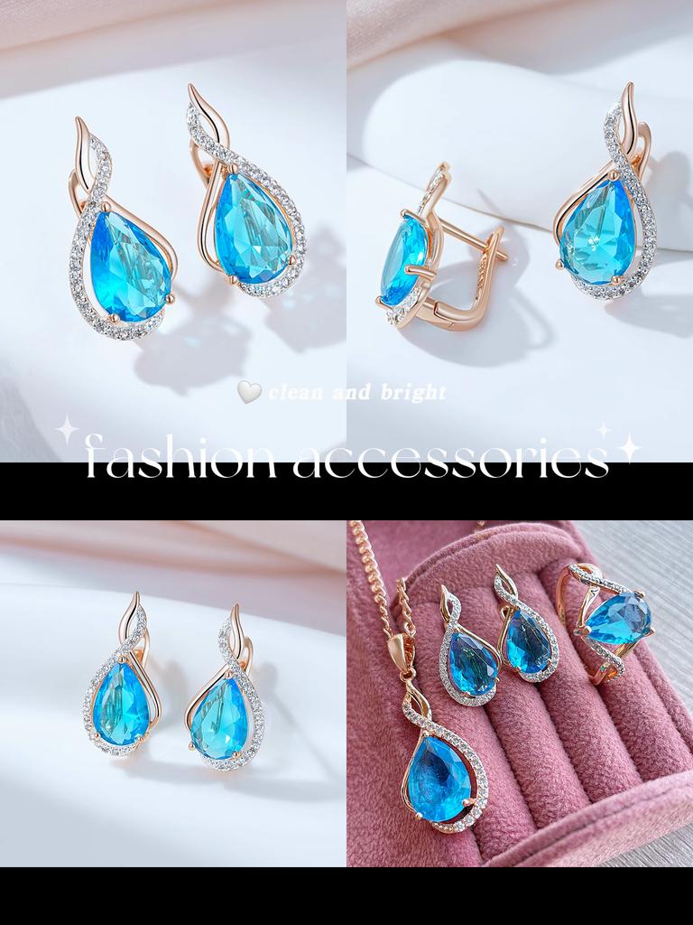 Shiny Blue Water Drop Zircon Drop Earrings For Women Silver Color Fine Jewelry Bride Wedding Earrings