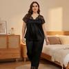 Plus Size Women Pajama Set Lace Ice Silk Short Sleeve Long Pants Milk Silk Loungewear Home Clothes