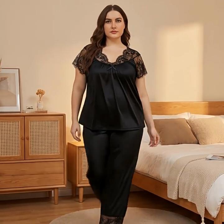 Plus Size Women Pajama Set Lace Ice Silk Short Sleeve Long Pants Milk Silk Loungewear Home Clothes