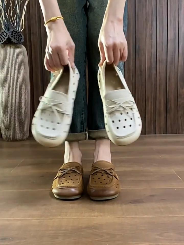 Johnature Genuine Leather Hollow-out Women's Slip-on Shoes Comfortable Casual Flat Breathable Sandals