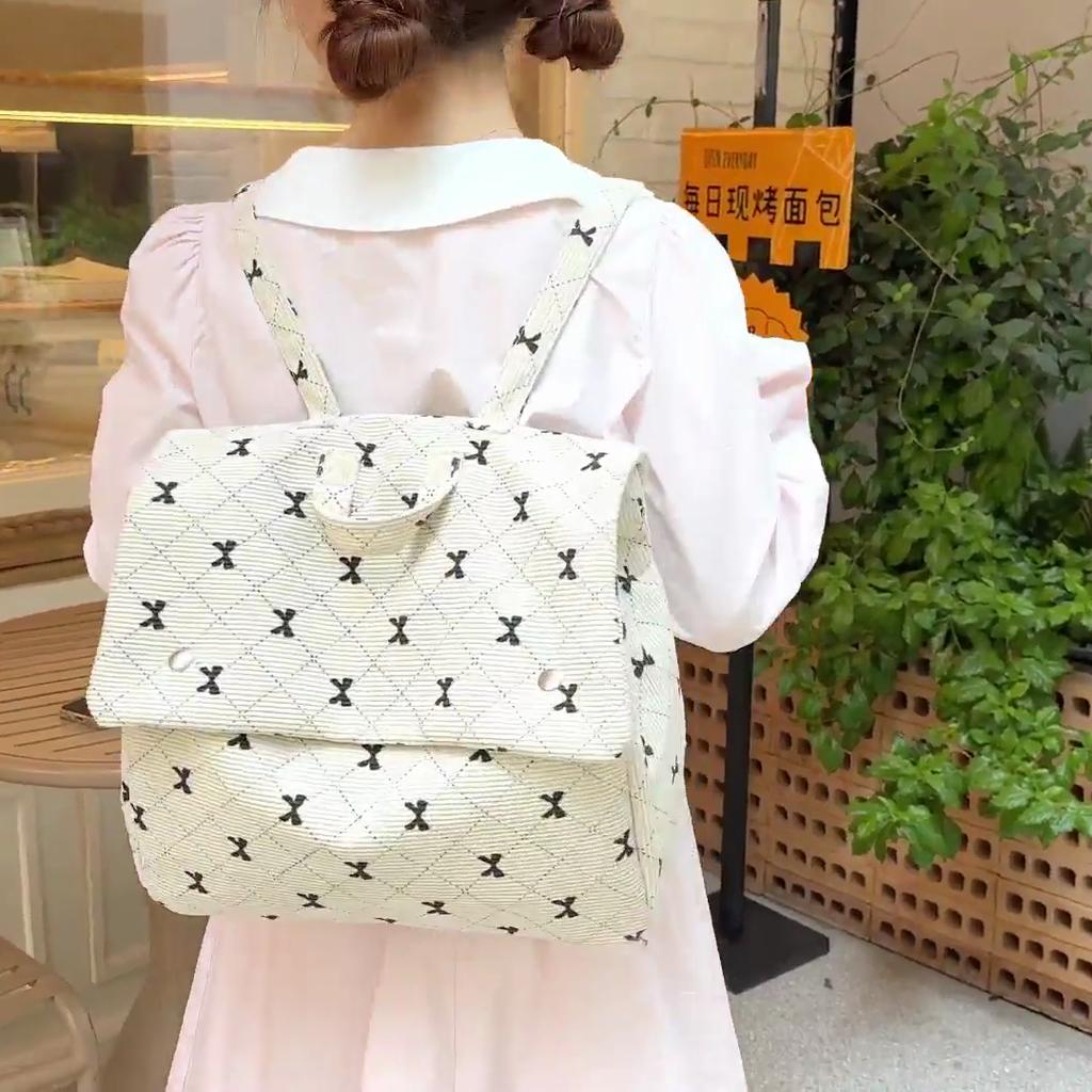 Vintage Corduroy Backpack Women's Bow Print Large Capacity Backpack