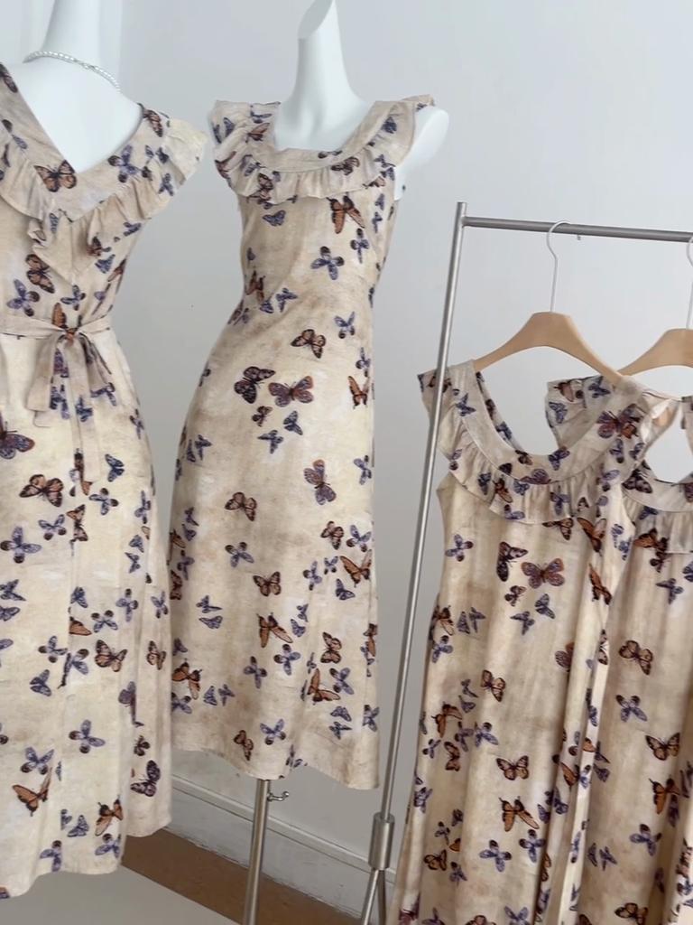 Summer 2026 Fashion Print Bufferfly Casual Long Dress Women Fashion Chic Ruffled Square Collar Dress Korean Elegant Bodycon Robe