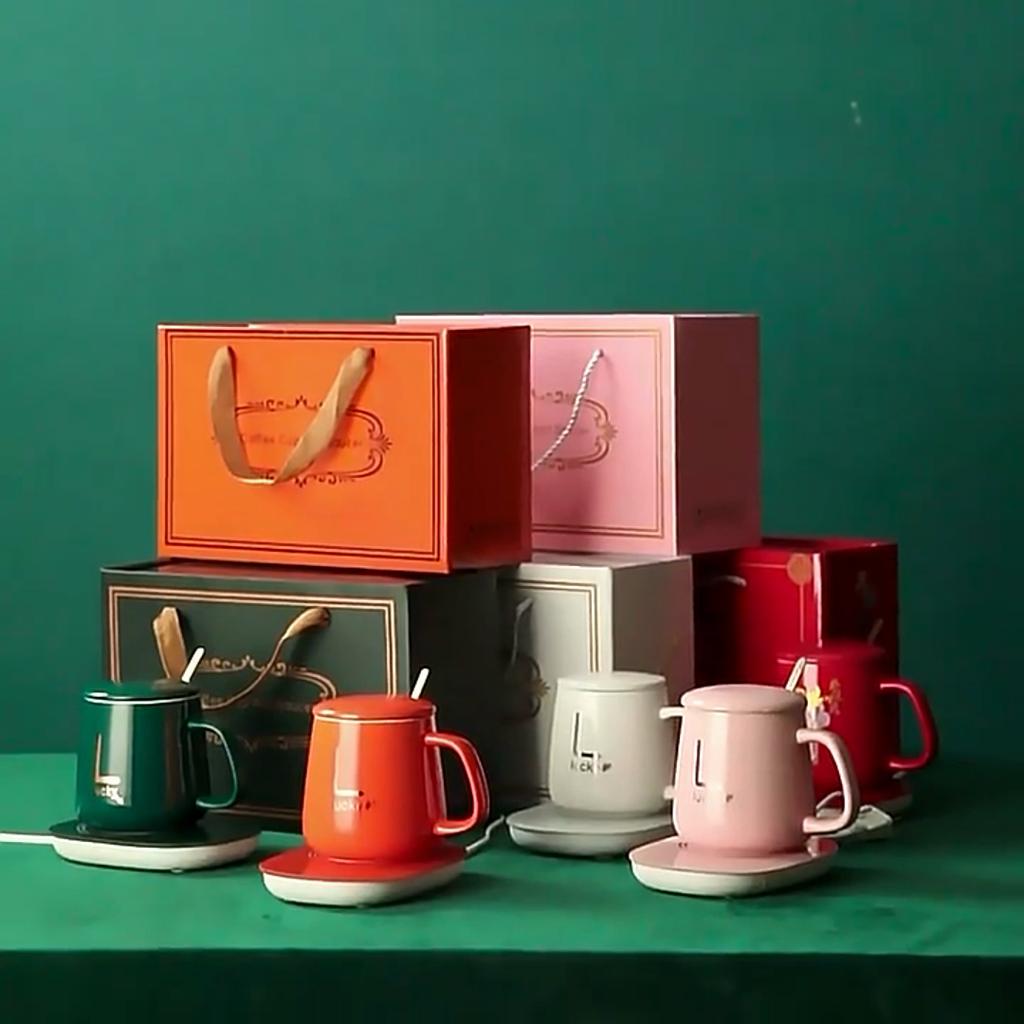 USB Aufladbarer Tassenwärmer Warme Suppentassen Kaffeetasse mit Deckel und Geschenkbox Aufbewahrungstaschen-Set Keramiktasse mit Edelstahllöffel Kaffeetassen
