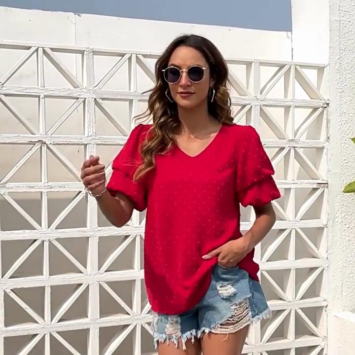 GMXIA Women's Fashion Casual Solid Color Print Short Sleeve V-Neck T-shirts and Tops