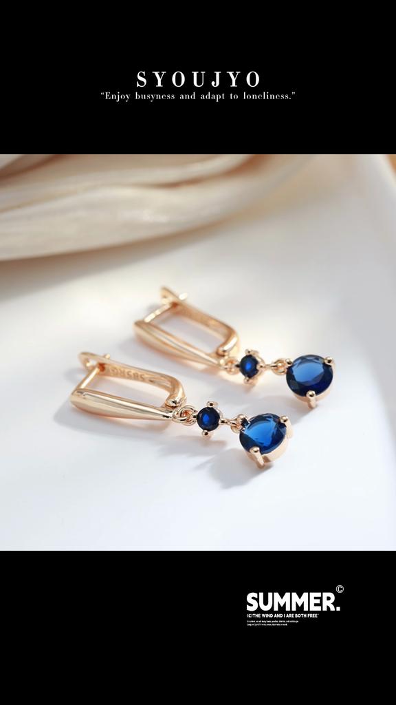 Kinel brincos longos de zircão azul para mulheres, cor ouro rosa, brinco pendurado