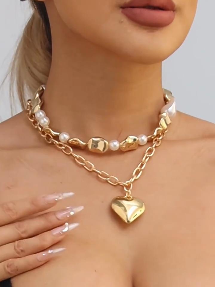 Women Imitation Pearl Heart Collarbone Chain Necklace Gold Plated Colar Choker