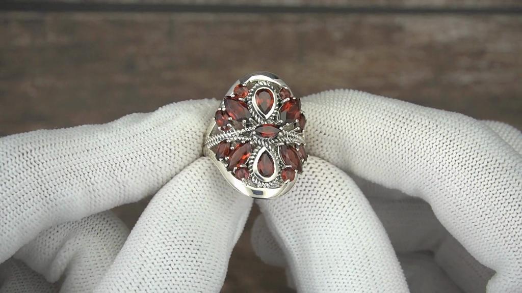 925 Sterling Silver Garnet Cluster Ring – Natural Red Gemstone Statement Jewelry for Women