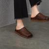 Johnature Genuine Leather Retro Weaving Square Toe Women's Slippers Versatile Outerdoor Flat Slip-on Shoes