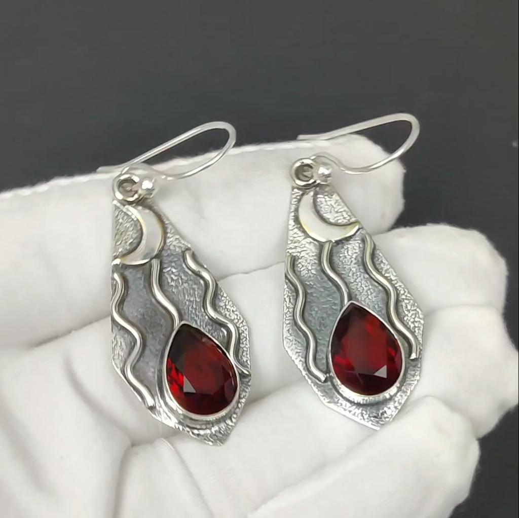 Natural Red Garnet Gemstone Earrings, 925 Sterling Silver Earring, Handmade Boho Silver Jewelry Dangle Earrings, Mother's Day Gifts