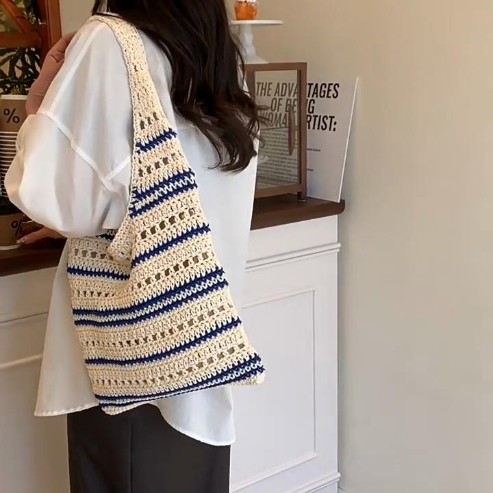 Yogodlns Chic Blue & White Striped Knit Crochet Shoulder Bag Versatile Large Capacity Hollow Out Casual Tote for Women Summer Beach Vacations