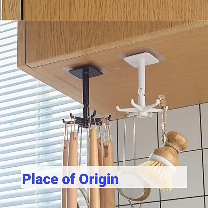 1/2PCS 360 Rotating Kitchen Hooks Folding Wall-Mounted Holder Multi-Purpose Hook Self-Adhesive Hook Utensil Rack with 6 Hooks