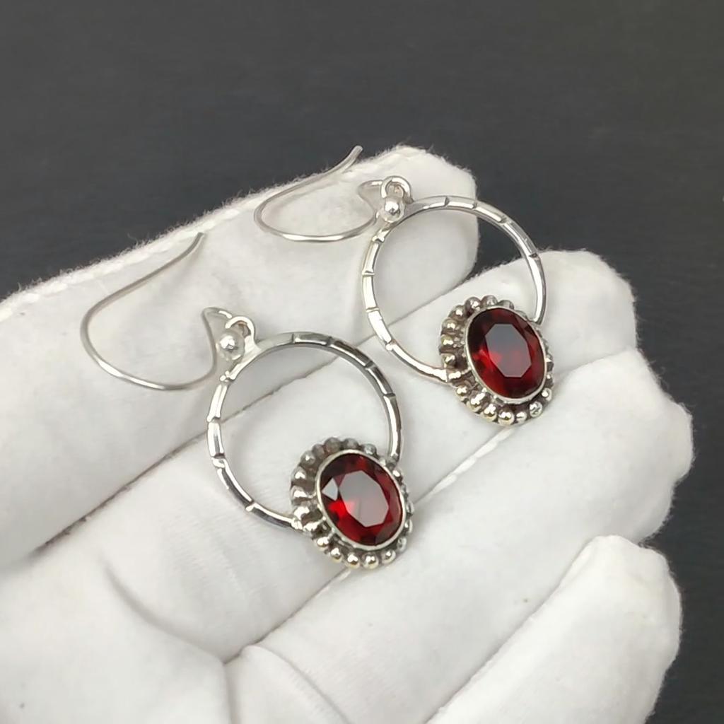Natural Red Garnet Gemstone Earrings, 925 Sterling Silver Earring, Handmade Boho Silver Jewelry Dangle Earrings, Anniversary Gifts