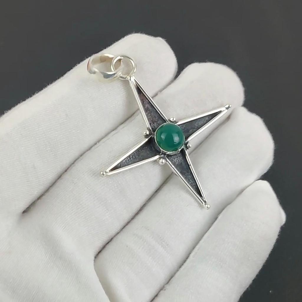 Natural Green Onyx Gemstone Silver Pendant In 925 Sterling Silver - Handmade Star Design, Everyday Wear Jewelry, Unique Designs Pendant