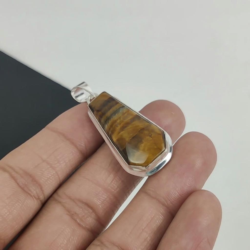 Natural Tiger Eye Gemstone Pendant 925 Sterling Silver- Handmade Coffin Design, Everyday Wear Jewelry, Unique Tiger Eye Pendant Party Wear Gifts
