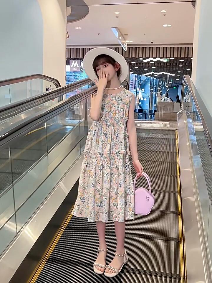 Girls' Summer Cotton Sleeveless Dress Pure Cotton Floral Vest Dress Forest Tie Suspender Dress