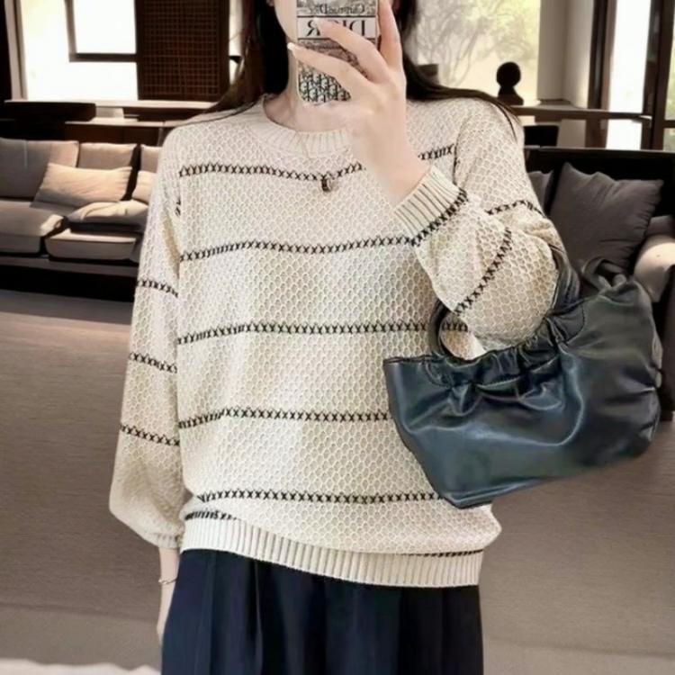 2024 Damen Neue Frühling und Herbst Splicing Pullover O-Ausschnitt Gestreift Ausgehöhlt Mode Locker Lässig Langarm Stricktop