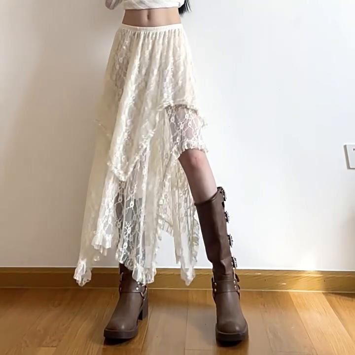 Asymmetrical Lace Mid Skirts Women Summer Soft All-match Streetwear Y2k Trendy Korean Style Loose Ladies Party Boho Aesthetic