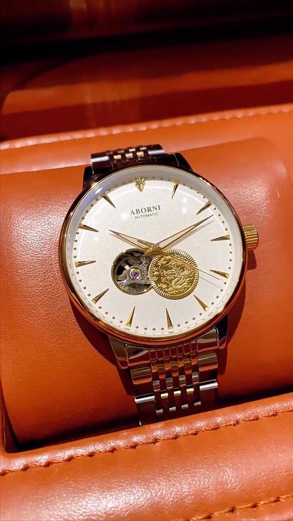 ABORNI Automatic Mechanical Watch Skeleton Gold Dragon Waterproof Luminous Diamonds Men's Watch