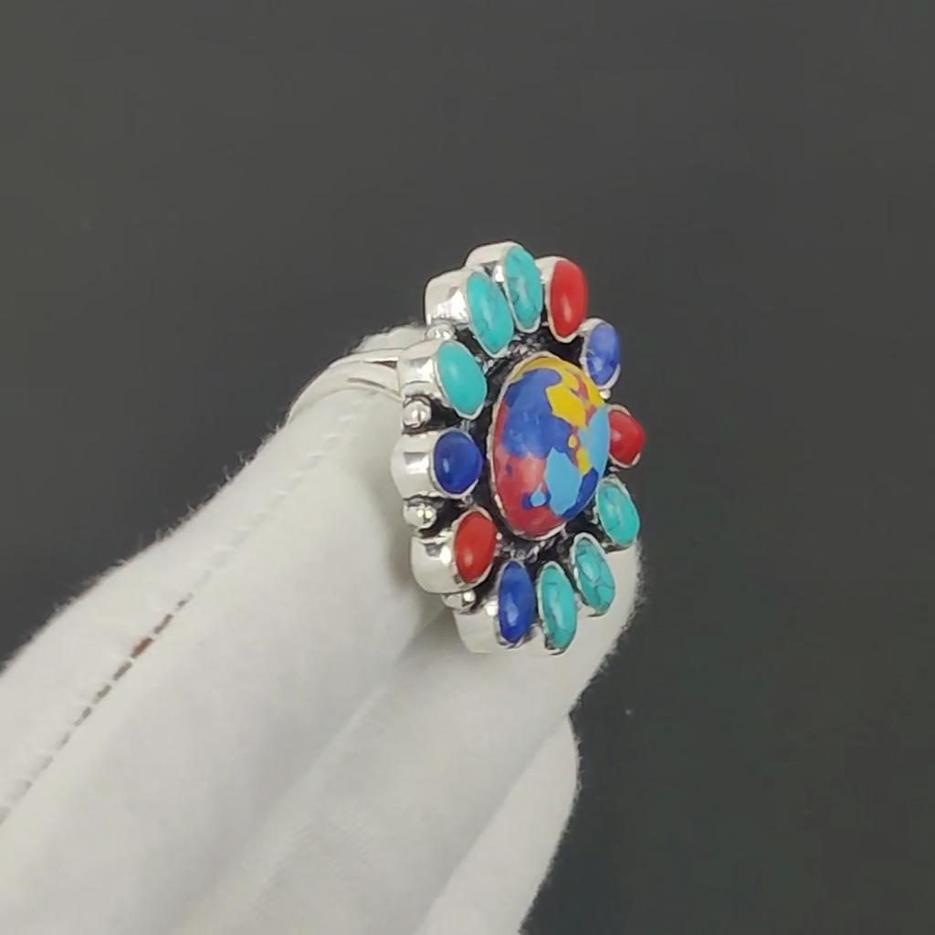 Beautiful Mosaic Japser Gemstone Ring, 925 Sterling Silver Ring, Gift For Her, Oval Stone ,Elegant Handmade Ring, Mosaic Japser Flower Silver Ring