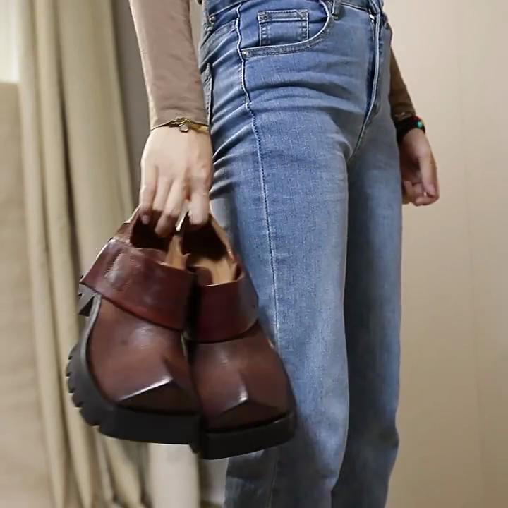 Johnature Retro Square Toe Women Platform Shoes Genuine Leather Thick Soled Solid Color Versatile Shoes