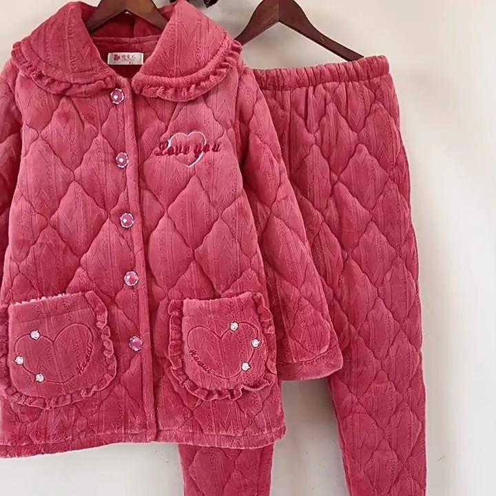 Winter Comfortable Warm Three-layer Pajamas Women's Winter Thickened Velvet Warm Home Clothes Set