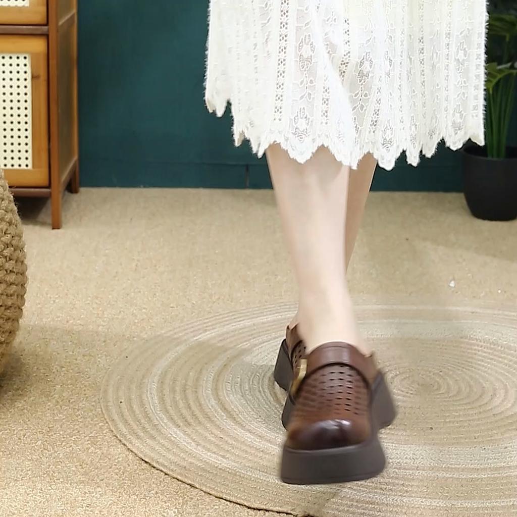 Platform Leather Mules for Women with Buckle Breathable Slip-On Summer Shoes