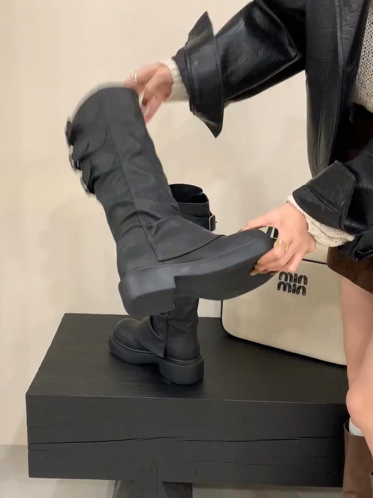 Eilyken Vintage Design Narrow Band Buckle Strap Women Knee-High Boots Fashion Round Toe Square Low Heels Shoes