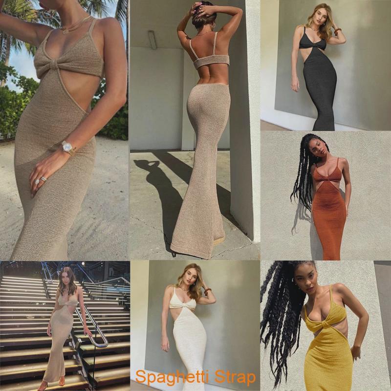 Spaghetti Maxi Dresse Strap Hollow Out Bodycon Dress Backless Cut Out Wrap Dress