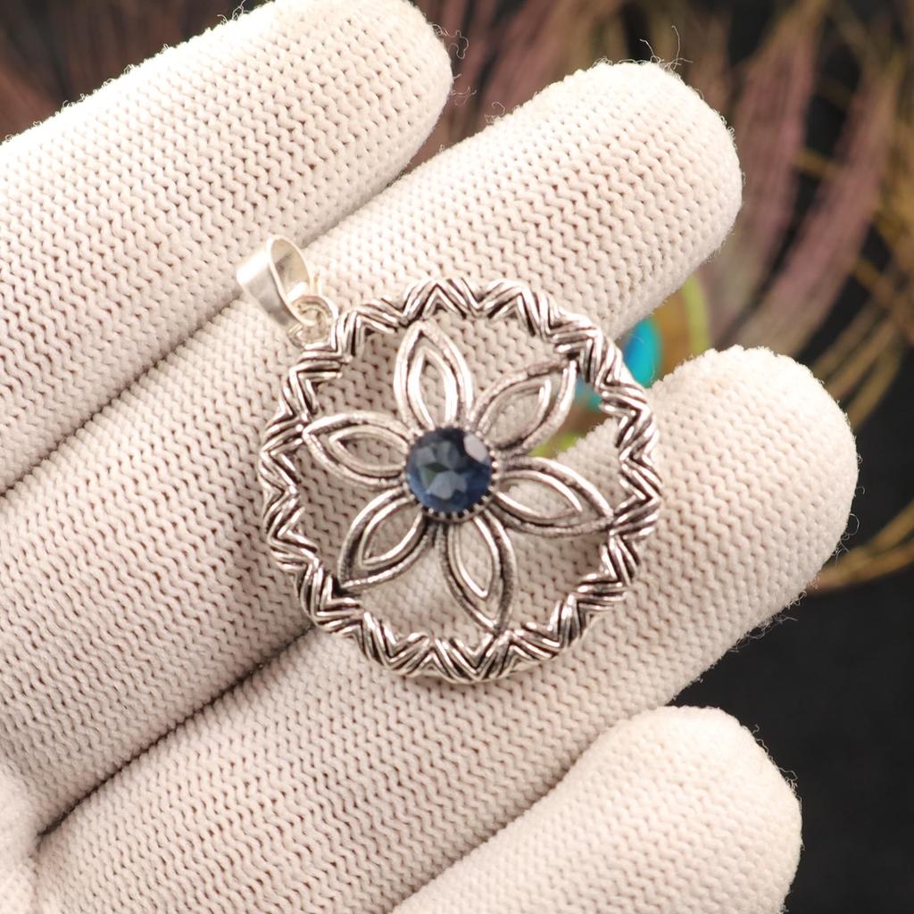 Natural London Blue Topaz Gemstone 925 Sterling Silver Handcrafted Pendant 1.48" CP-29-14