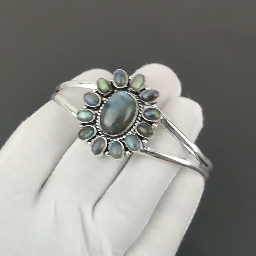 Natural Labradorite Gemstone Handmade Cuff Bangle 925 Sterling Silver Cuff Bangle, Labradorite Flower Shape Bracelet For Wife, Unisex Bangle, Gift