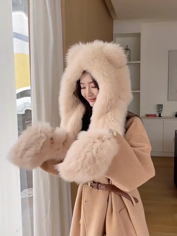Cute Bear Imitation Fox Hair Hat Scarf Gloves Three-piece Set Fur Snow Hat Women's Winter Warm Scarf