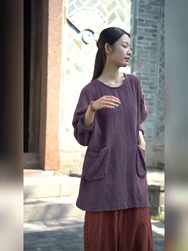 Johnature Women Vintage T-Shirts O-Neck Long Sleeve Patchwork Pockets Autumn Solid Color Loose T-Shirts